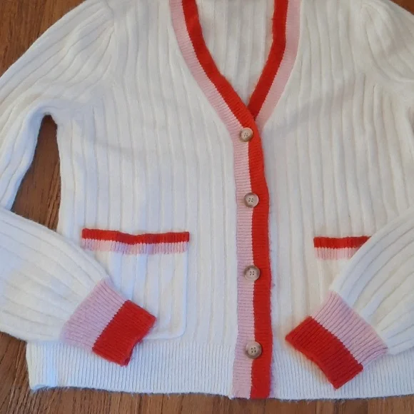 LOFT White Cardigan with Red an Pink Trim - Picture 4 of 4